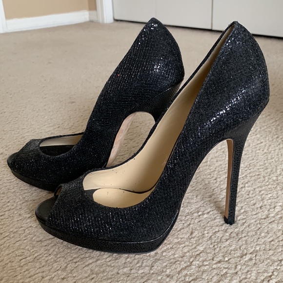 Jimmy Choo Shoes - Jimmy Choo Authentic Women’s Black Sparkly “Luna” High Heel Open Toe Pumps